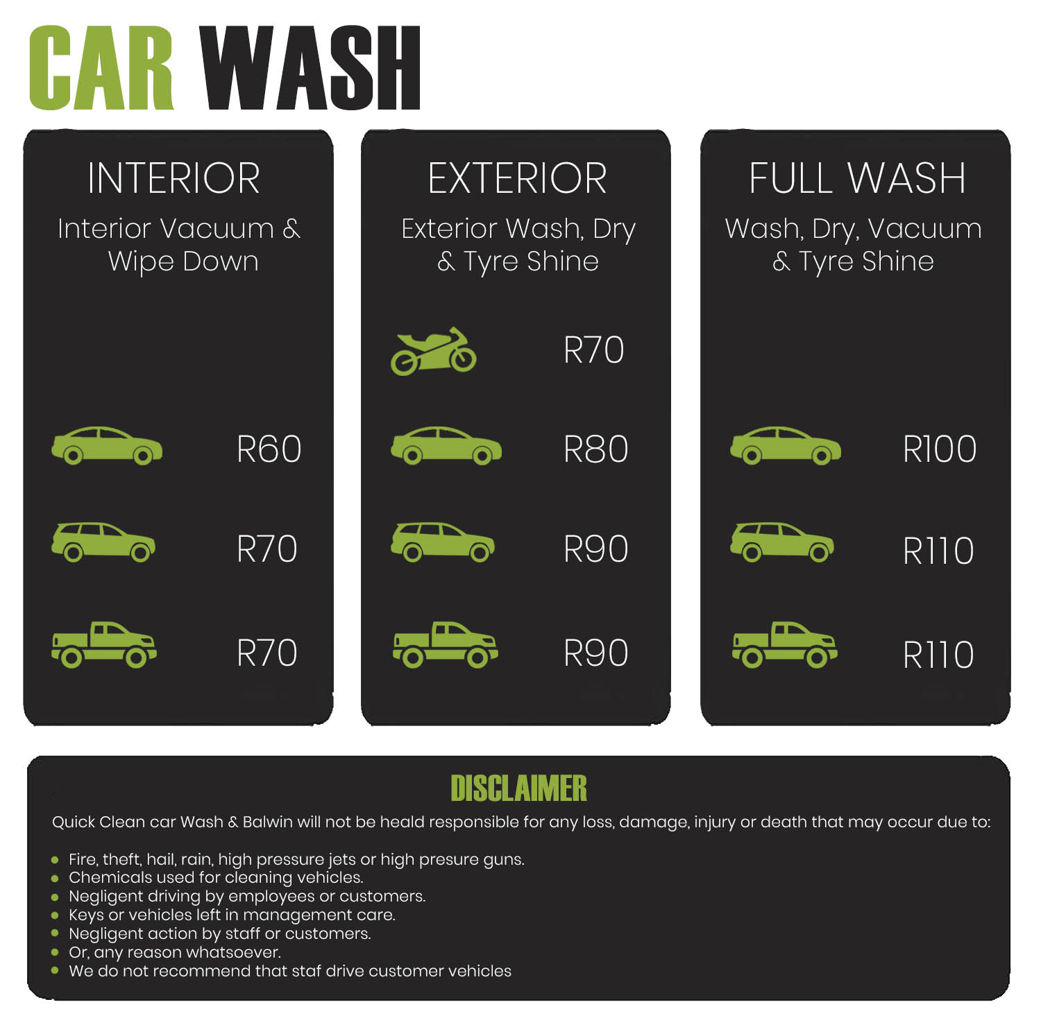 Car Wash Price list